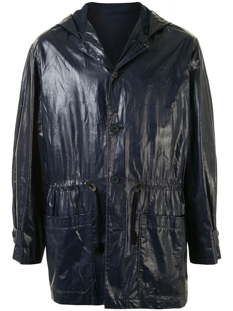 Yohji Yamamoto varnish effect hooded raincoat